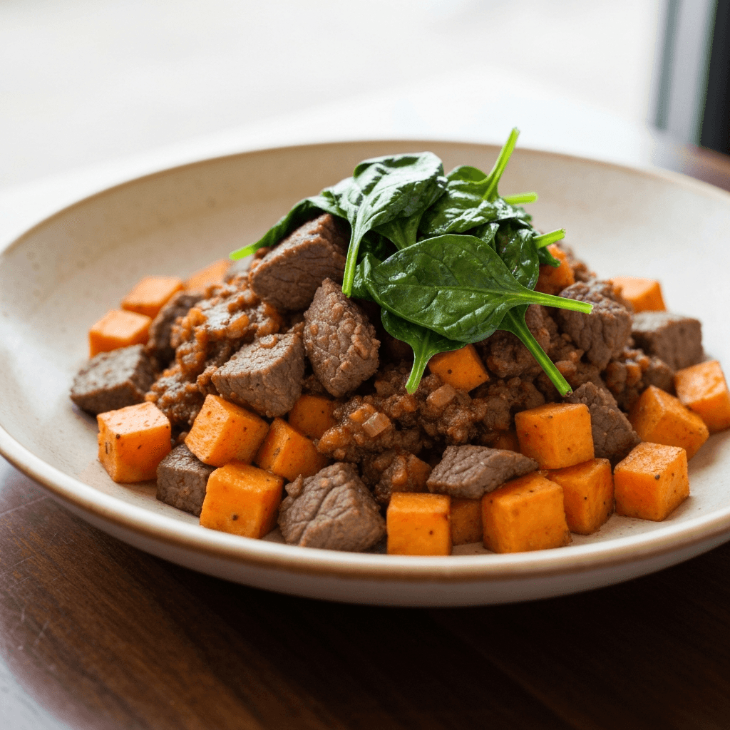 Cajun-Style Beef and Sweet Potato Hash with Wilted Spinach