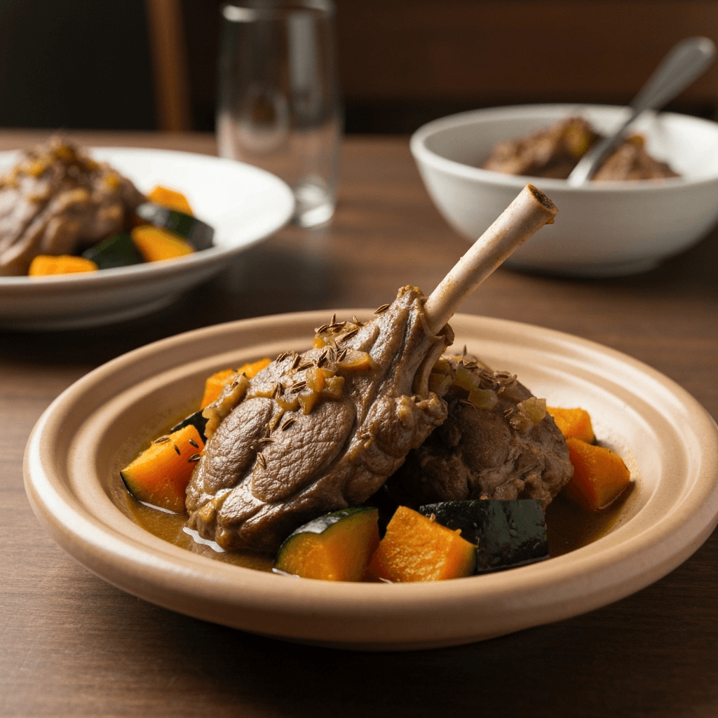 Lamb Shoulder Tagine with Kabocha Squash and Warm Cumin Aromatics