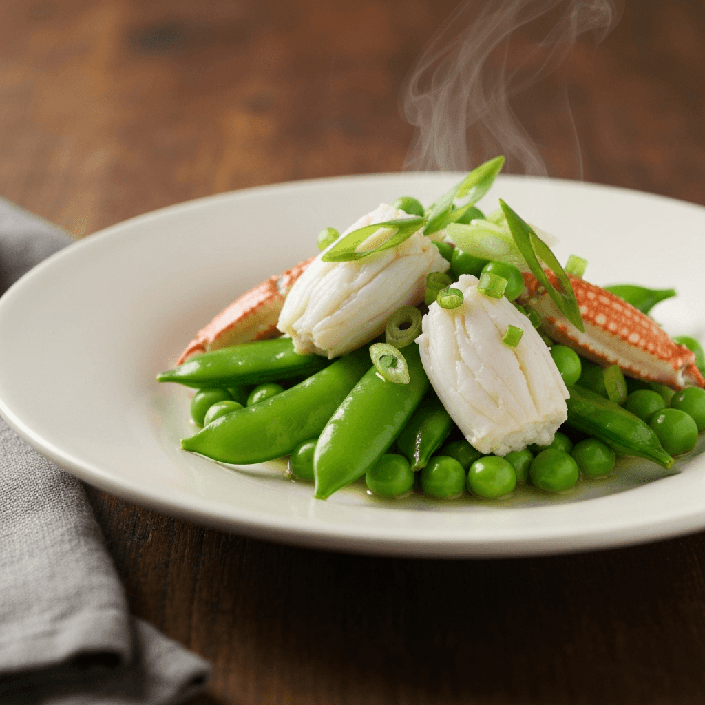 Steamed Fancy White Crab and Sugar Snap Pea Salad with Rice Vinegar and Scallion