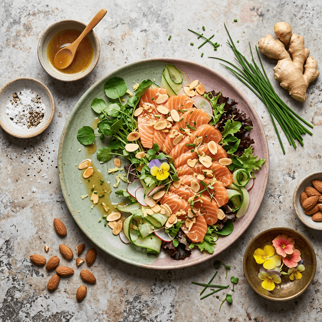 Salmon Sashimi-Style Salad with Toasted Almonds and Ginger-Soy Dressing
