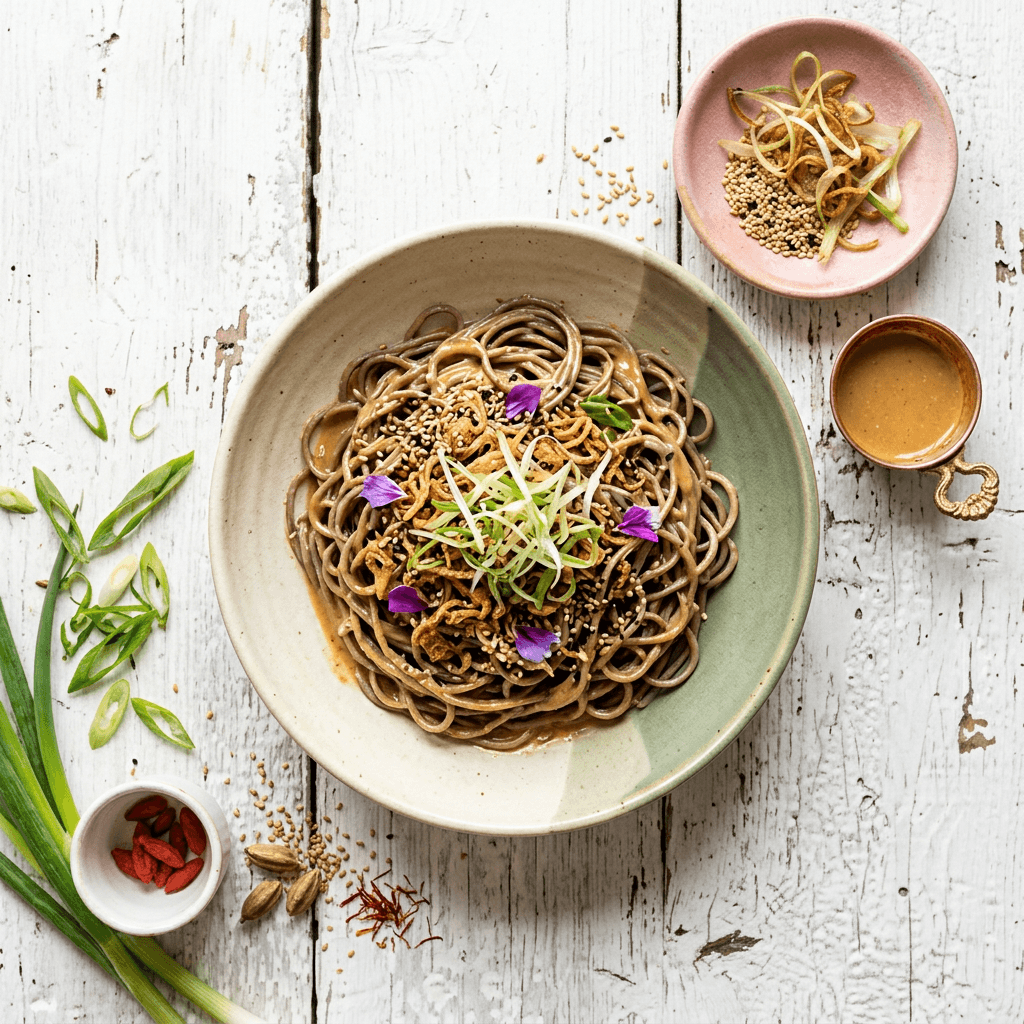 Toasted Soba Noodles with Miso-Sesame Dressing and Crispy Scallions