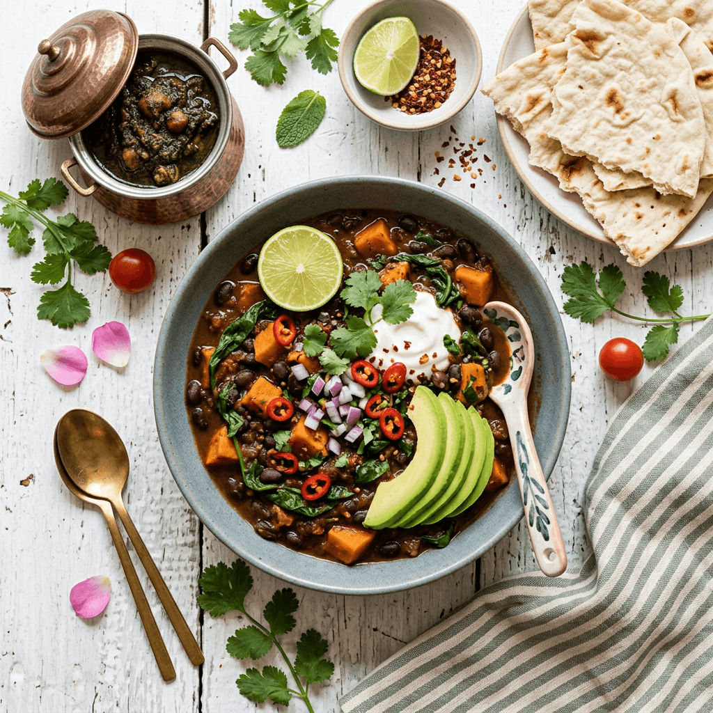 Smoky Black Bean and Sweet Potato Chili with Wilted Spinach