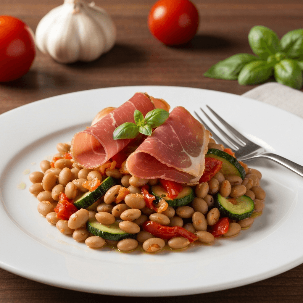 Cannellini e Prosciutto con Zucchine e Pomodorini