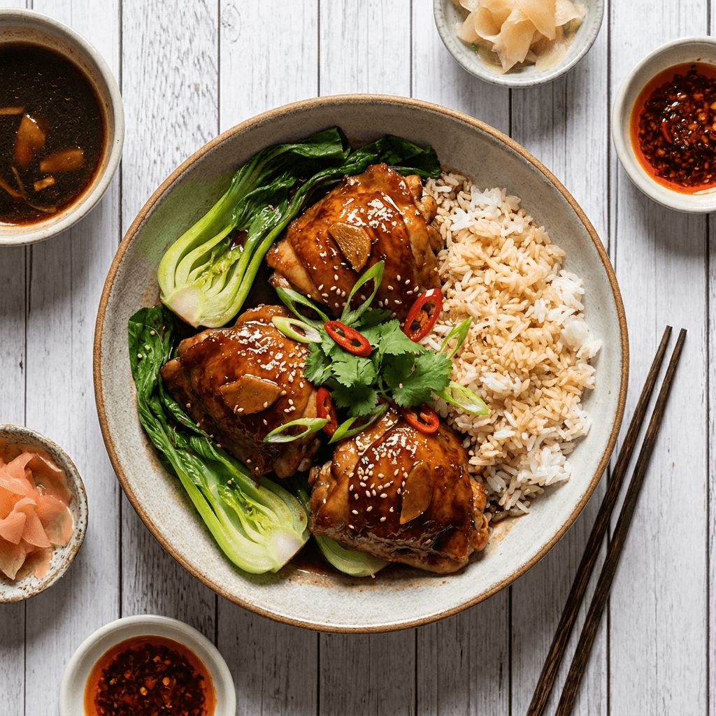 Ginger-Soy Braised Chicken Thighs with Steamed Bok Choy and Fragrant Jasmine Rice