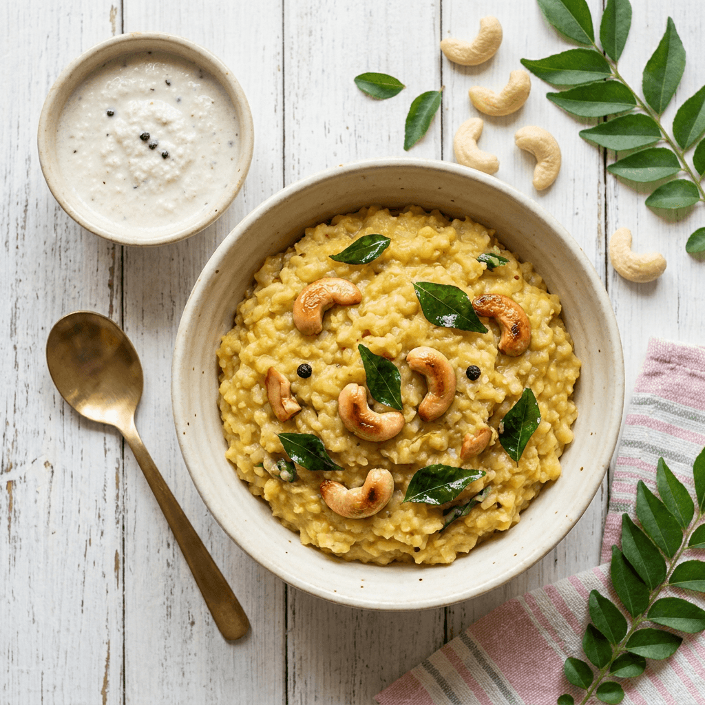 Ven Pongal with Cashews, Curry Leaves, and Coconut Chutney