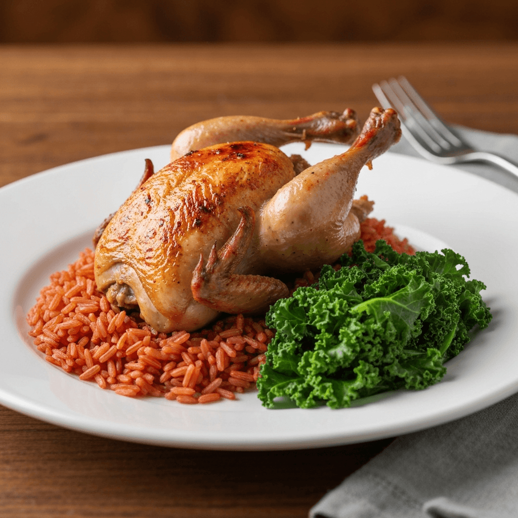Desayuno de Cornish Hen al Horno con Arroz Rojo y Kale