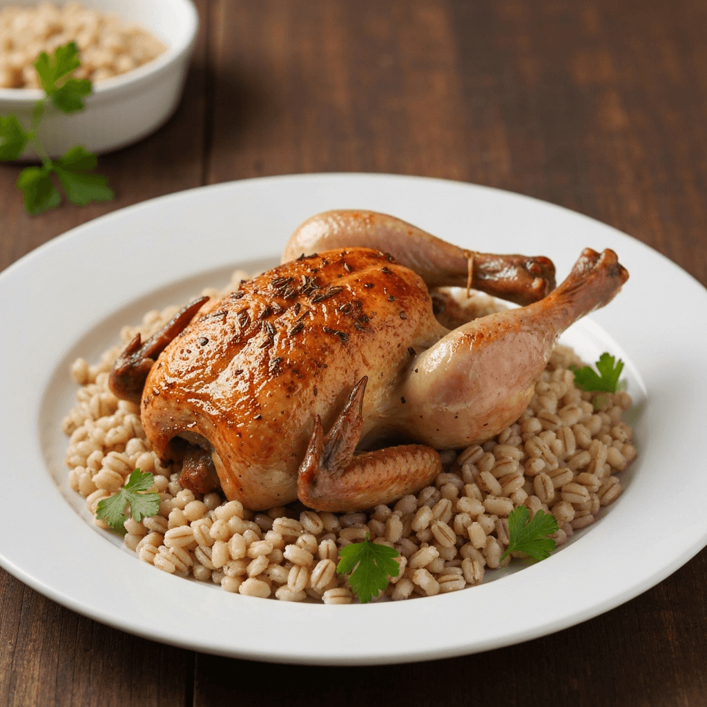 Cornish Hen Roasted with Cumin and Aleppo Pepper over Pearl Barley