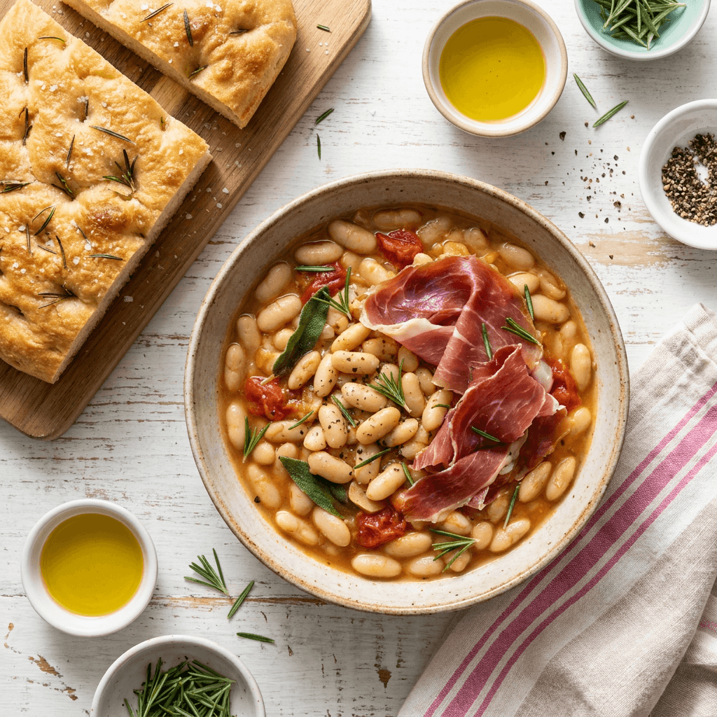 Cannellini al Fiasco with Prosciutto and Rosemary-Scented Focaccia