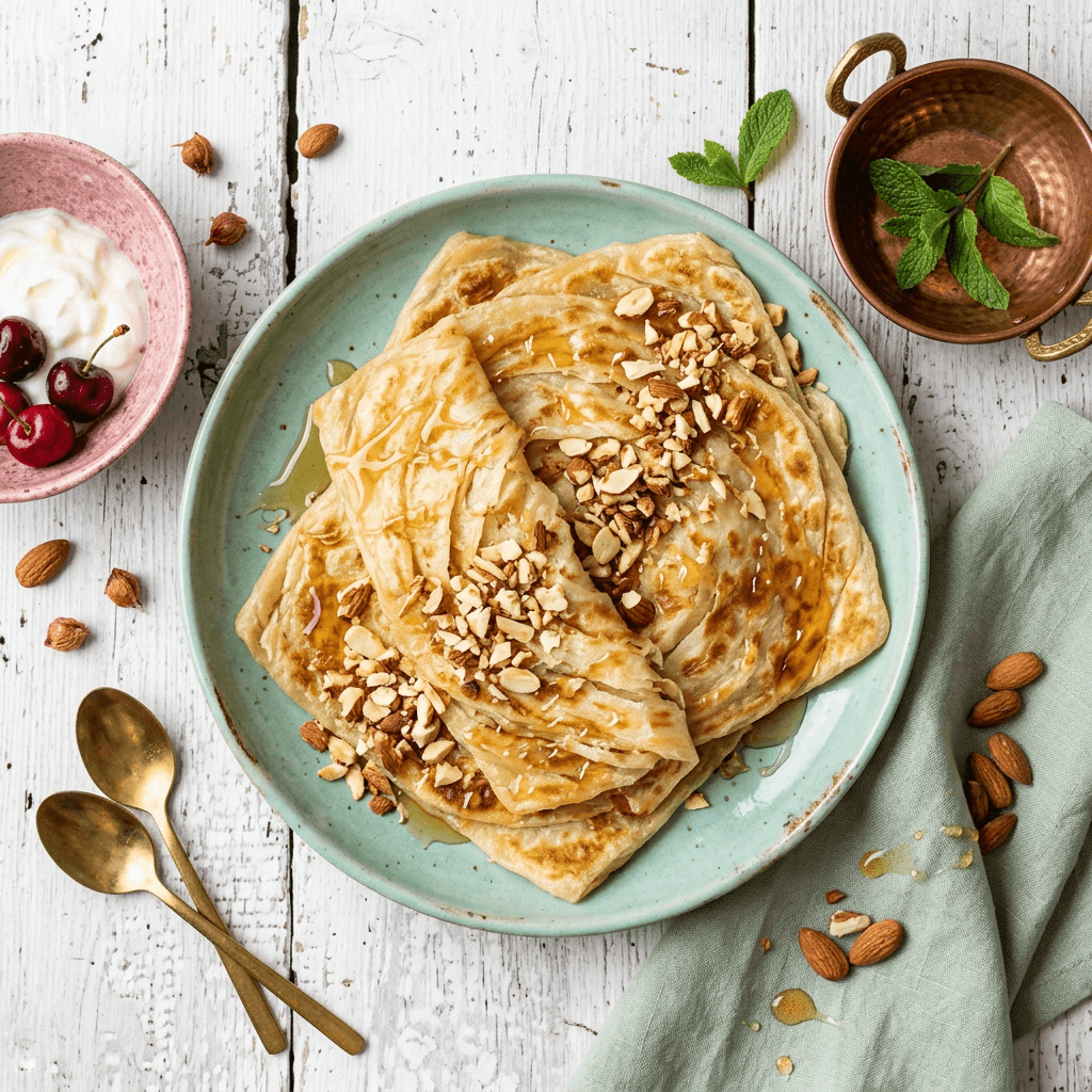 Msemmen with Honey and Crushed Almonds