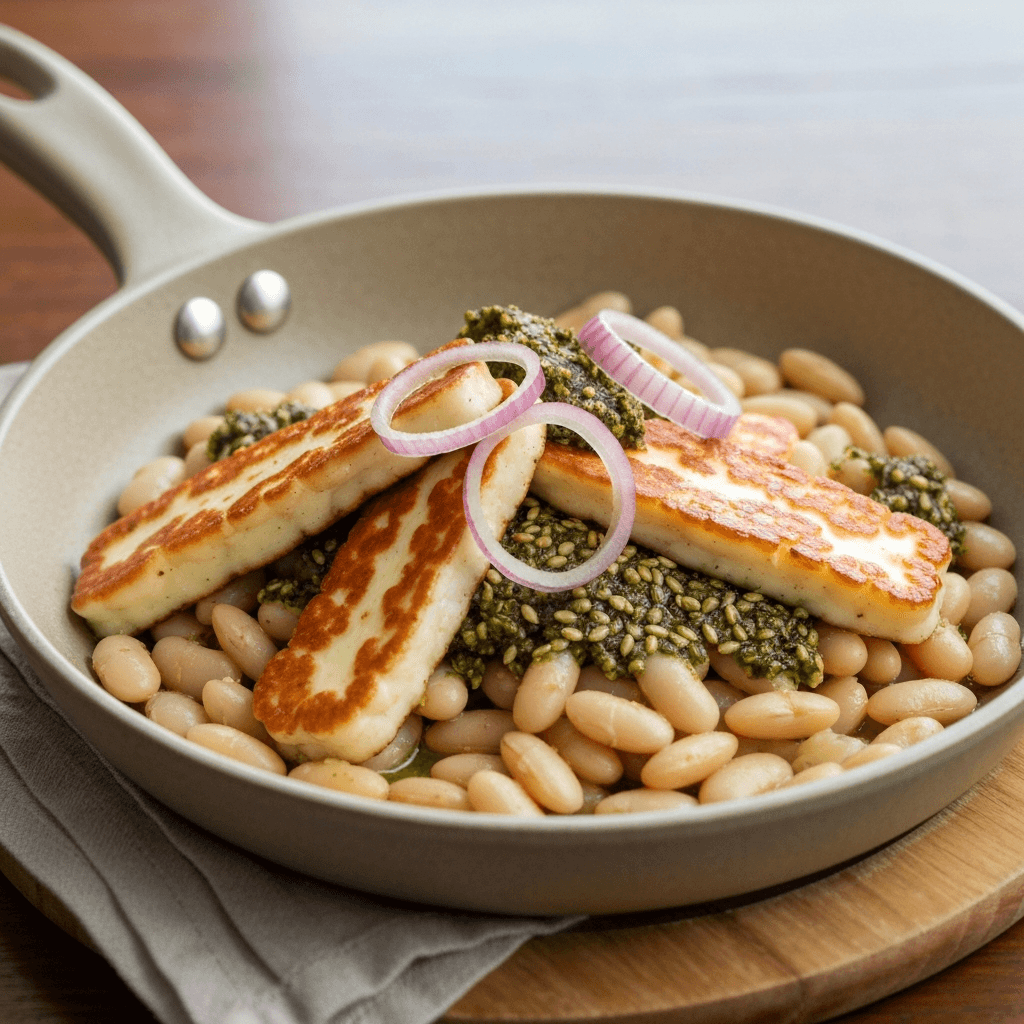 Levantine Pan-Seared Halloumi and White Bean 'Gigantes' Skillet with Za'atar and Shallot
